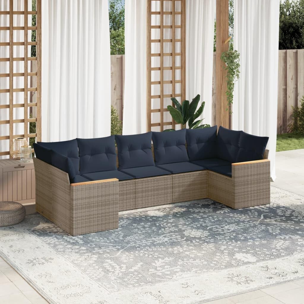 7 Piece Garden Sofa Set, Grey Poly Rattan Outdoor Furniture with Cushions, Modular Patio Seating for Backyard, Terrace