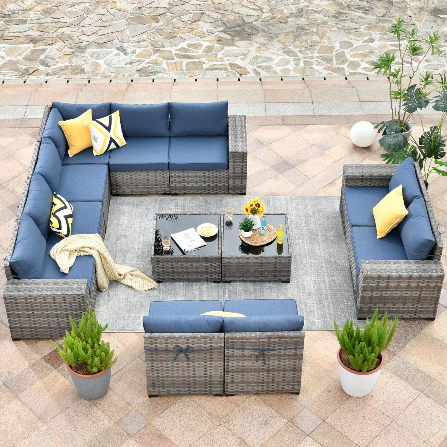 HOOOWOOO Outdoor Patio Sectional Furniture Sofa Set with Widened Armrest,12 Piece Large Modern Wicker Couch,Modular L Shaped Conversation Seating Set with Table for Out Door Garden Corner(Denim Blue)
