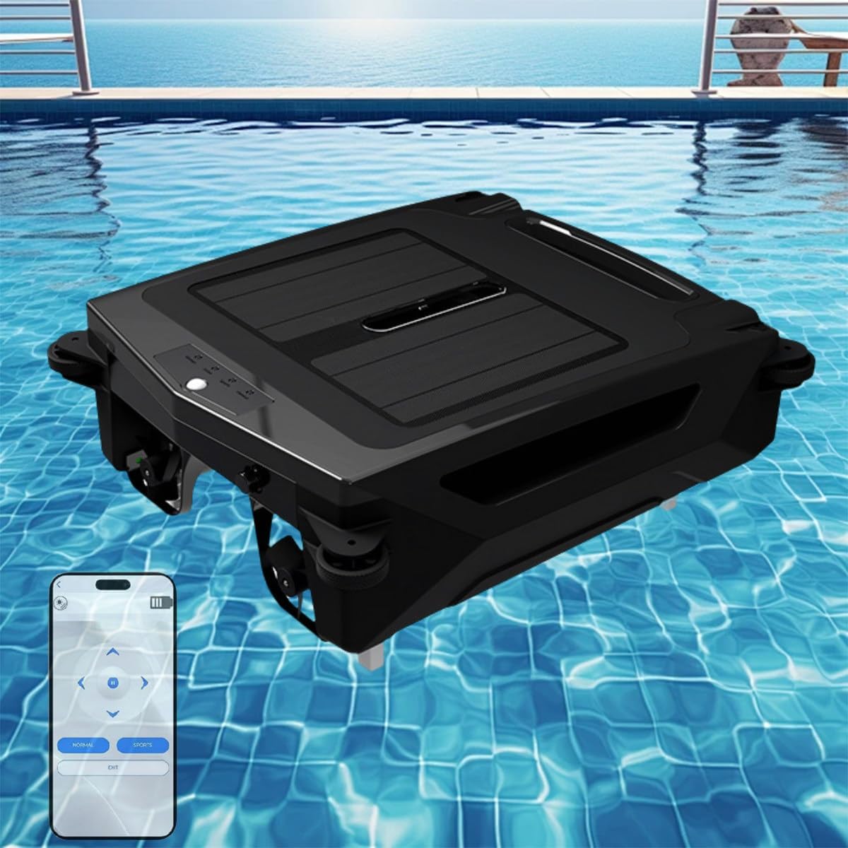 Solar Pool Surfaces Cleaner, Solar Robotic Pool Skimmer Cleaner, Cordless Robotic Pool Cleaner, Navigation Sensor, Daytime & Overnight Continuous Cleaning, Dual Charging Modes Cleaning
