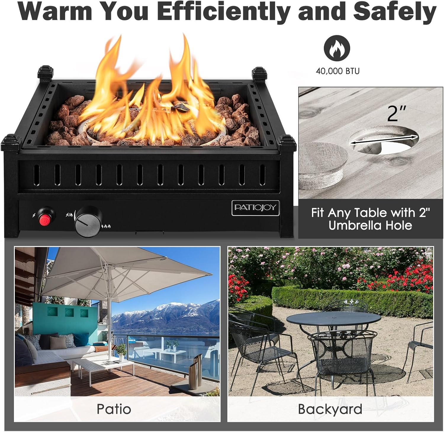 Tangkula Portable Tabletop Propane Fire Pit, Patiojoy 40,000 BTU Table Top Fireplace with Simple Ignition System, Adjustable Flame, Square Propane Firepit Bowl for Outdoors, Fit 2