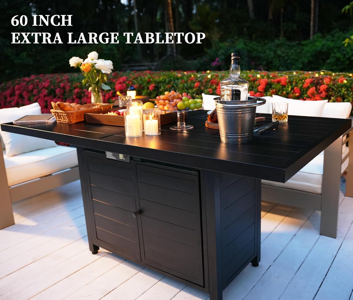 PIZZELLO 60 Inch Propane Firepit Table - Outdoor Rectangular Aluminum Fire Table w/Wind Guard - 50,000 BTU Gas Fire Pit with Glass Beads and Waterproof Cover