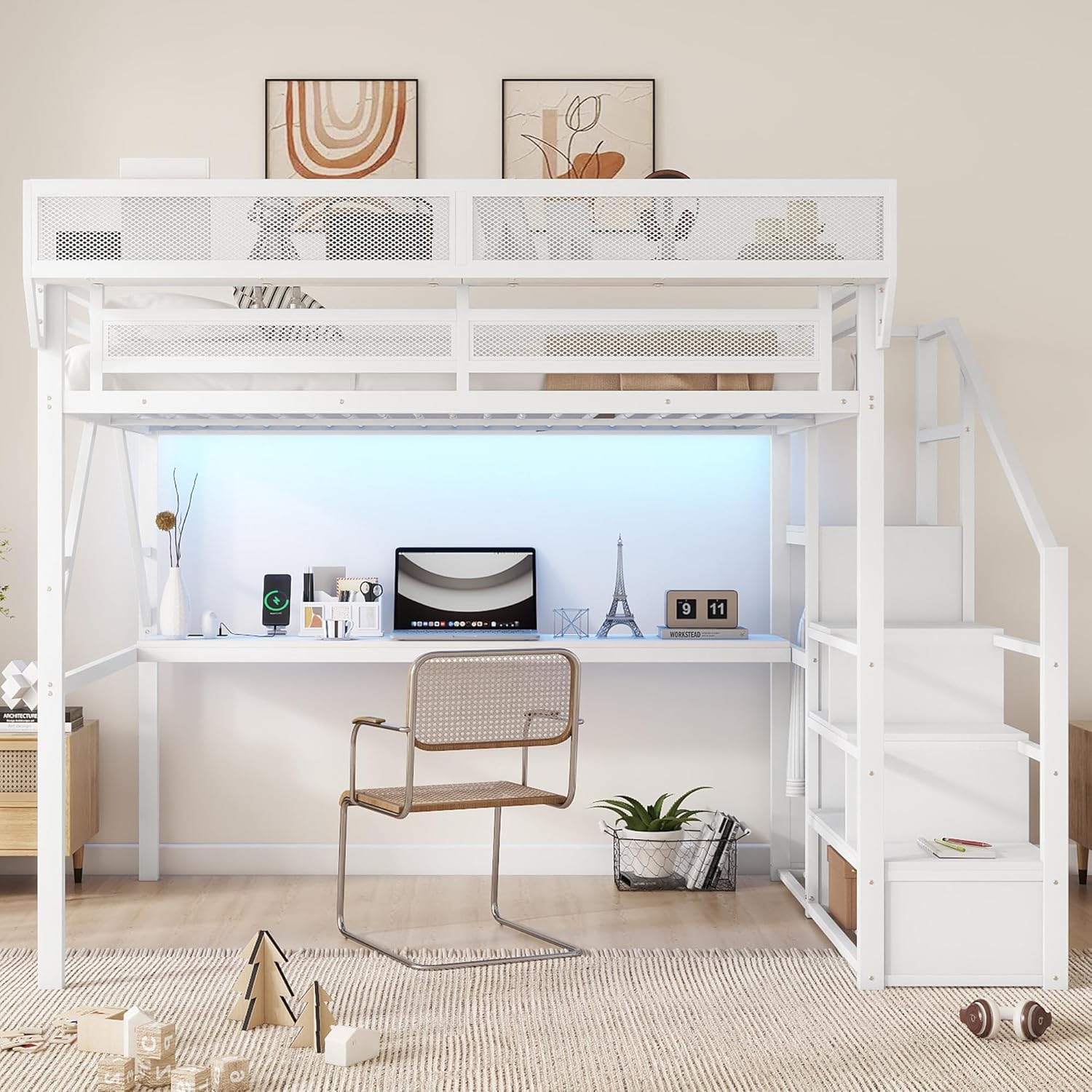 Queen Loft Bed with Desk and Charging Station, Queen Size Metal Loft Bed with Stairs and Light, Black, Patent Products (White)