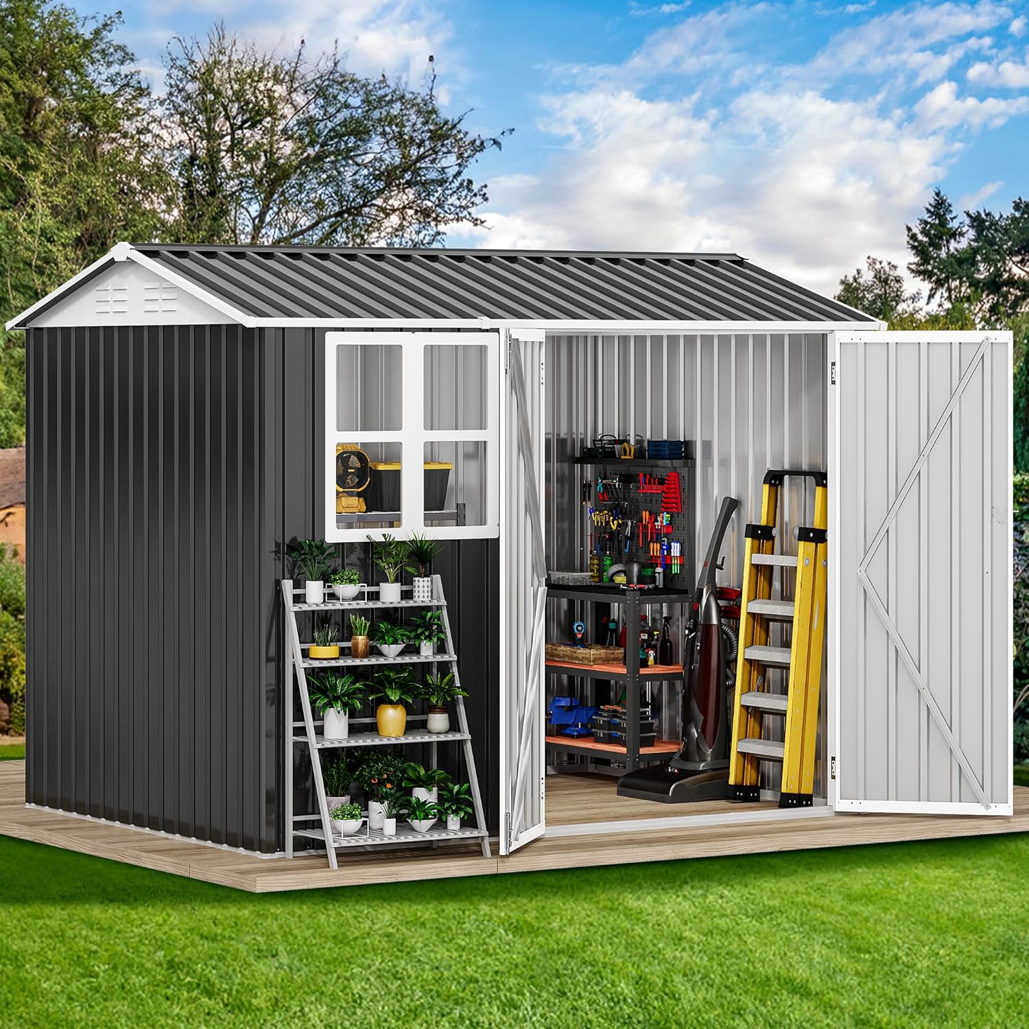 DWVO 8x6ft Large Tool Storage Shed with Window, Lockable Doors, and Sloped Roof, Oversized Steel Outdoor Storage Shed for Garden, Patio, Garage, Backyard, Lawn - Gray & White