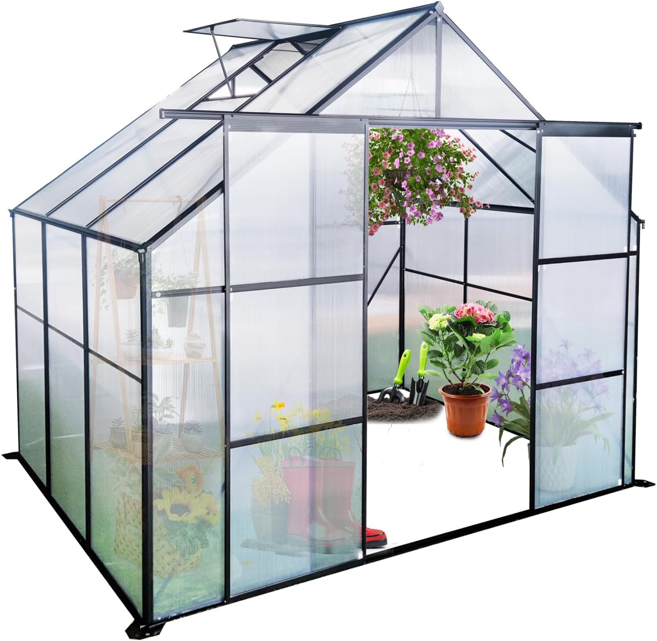8X6 FT Greenhouse for Outdoors, Polycarbonate Green House with Double Doors and Roof Vent, Aluminum Frame Walk-in Greenhouse for Outside Garden Backyard