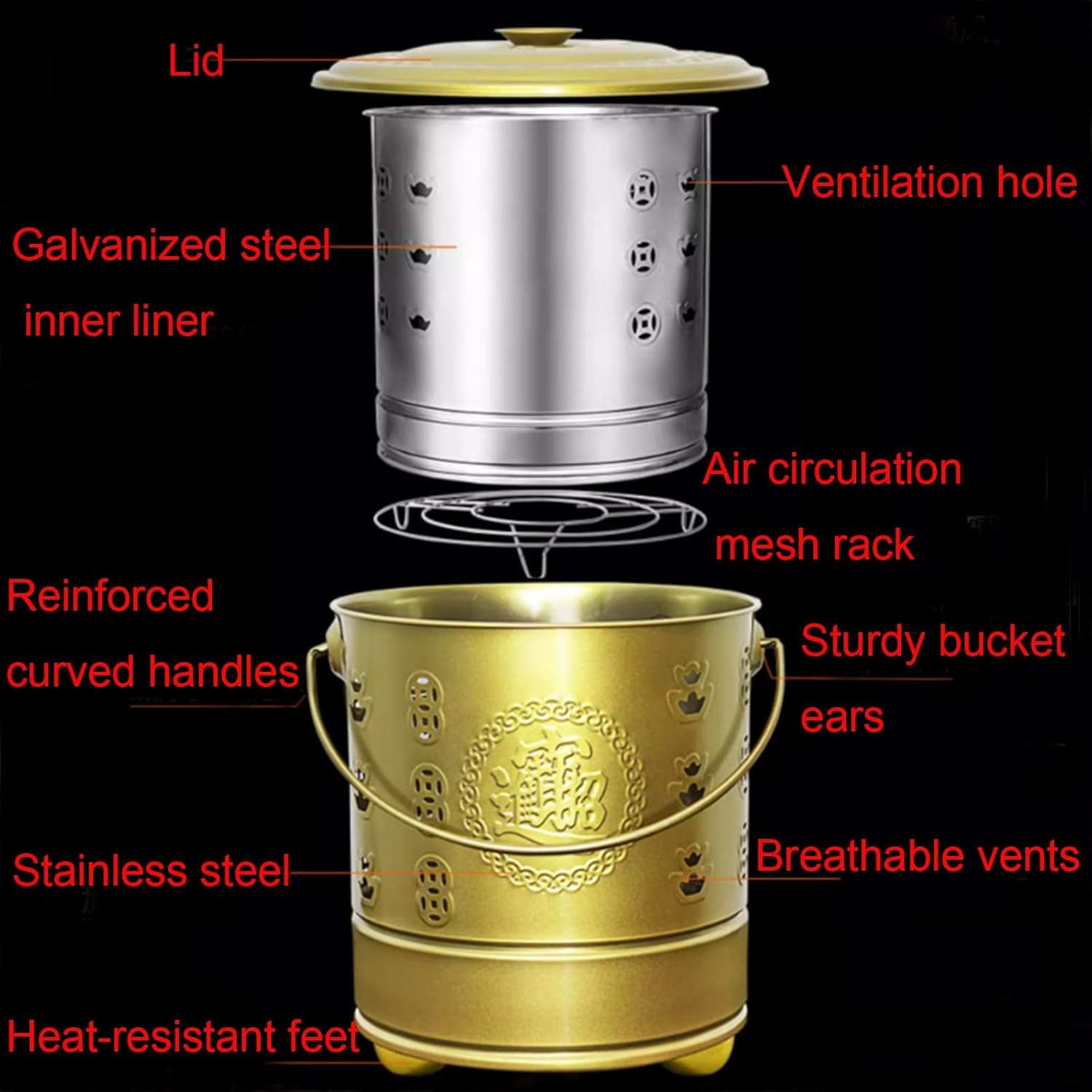Stainless Steel Burning Barrel Portable Cremation Fire Pit Covered Incinerator with Tripod Base and Ventilation Hole Rust-Resistant Suitable for Outdoor Burning of Garbage and Leaves(Red,49x45cm)