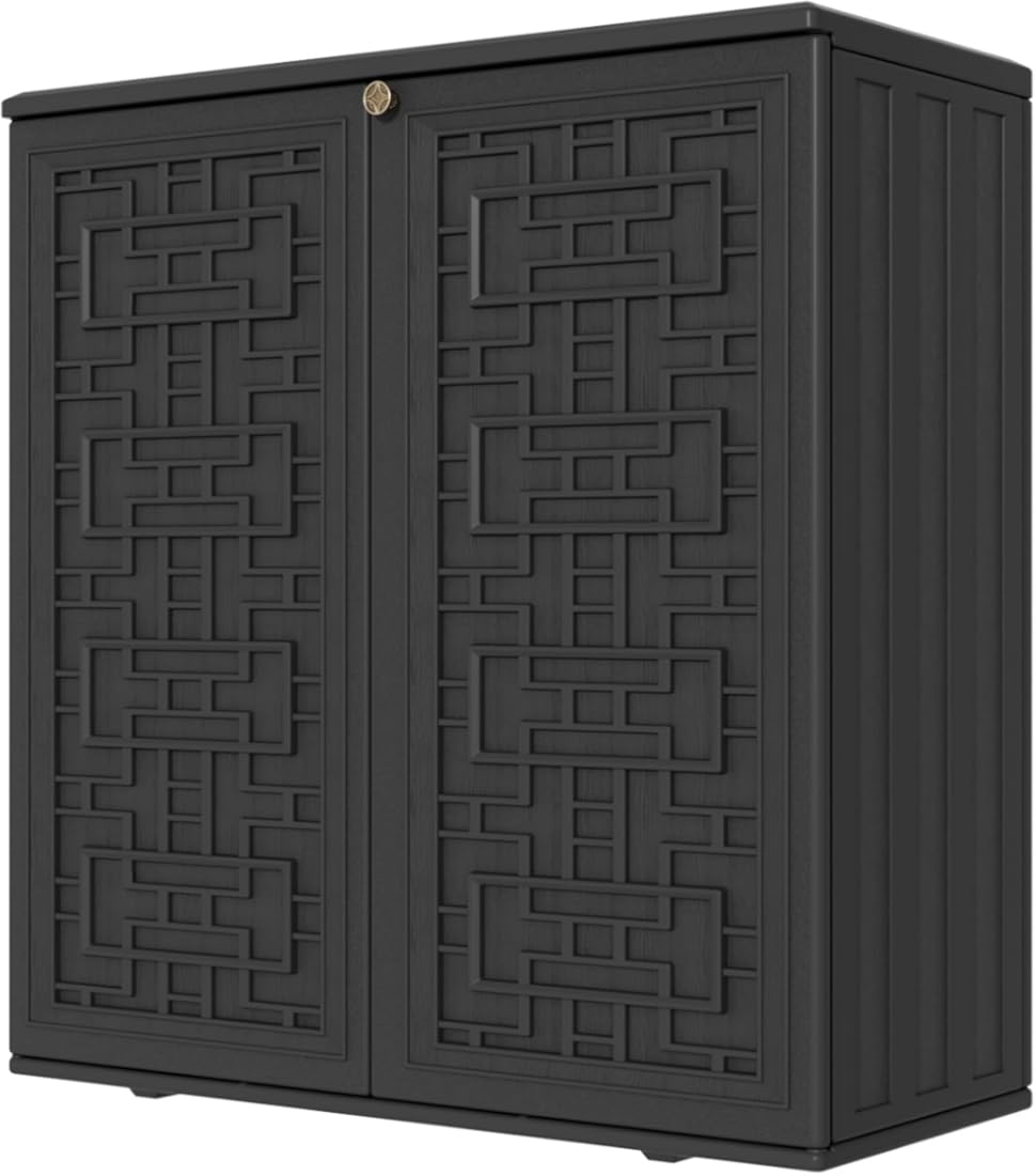 KINYING Outdoor Storage Cabinet Waterproof, Resin 60 Gallon Deck Box for Patio Furniture Cushions, Garden Tools, Pool Tools and Kids’ Toys (Black with 1 Shelving)