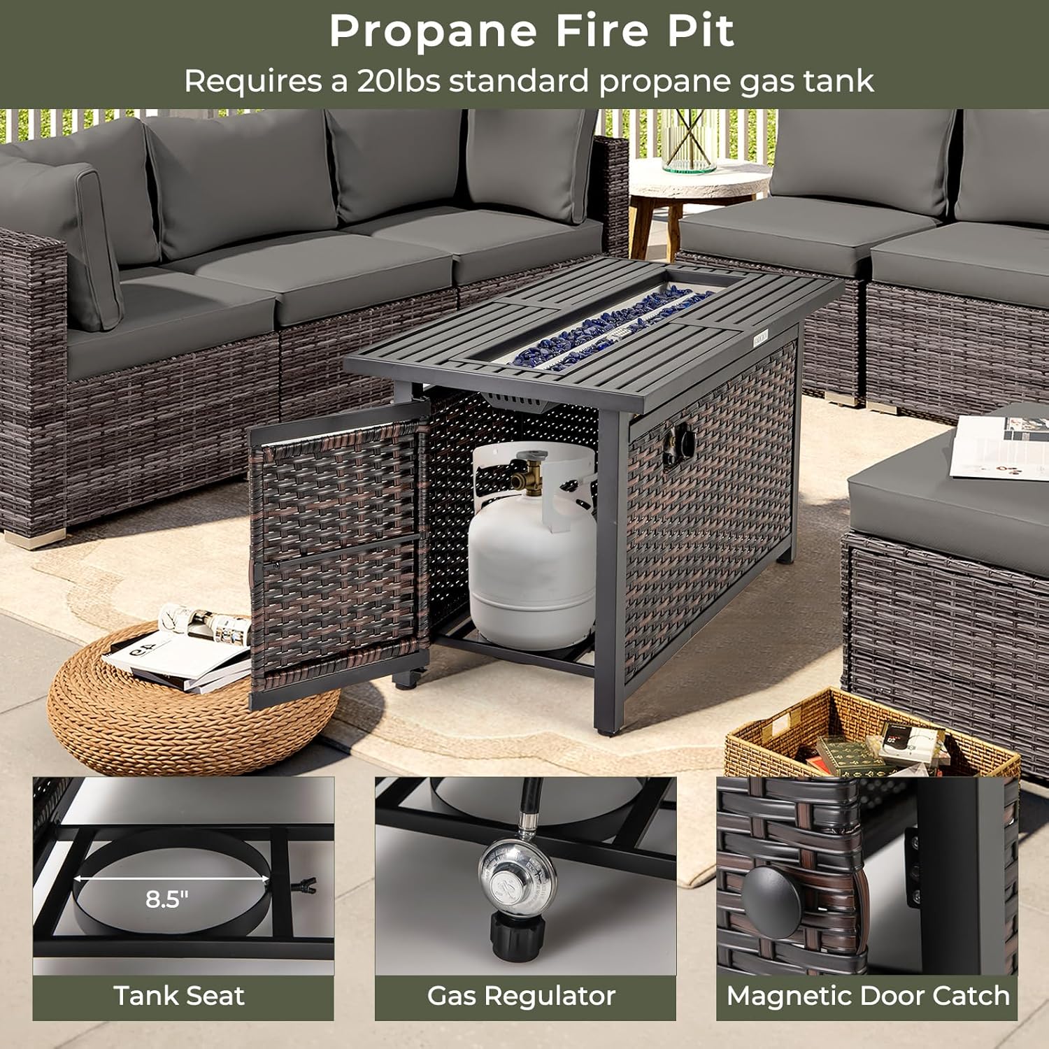 Tangkula 45 Inch Rattan Propane Fire Pit Table, Patiojoy 50,000 BTU Outdoor Rectangle Fire Pit with Glass Stones & Protective Cover, Heavy-Duty Metal Frame & Top, Patio Fire Table for Backyard