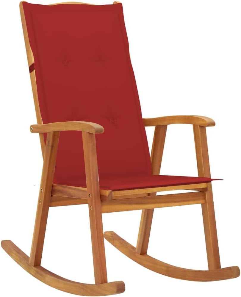 Rocking Chair with Cushions Solid Acacia Wood,Vintage Wooden Rocking Chair for Indoor or Outdoor Use, with Comfortable Red Cushion Outdoor Furniture, Outdoor Chairs, Brown