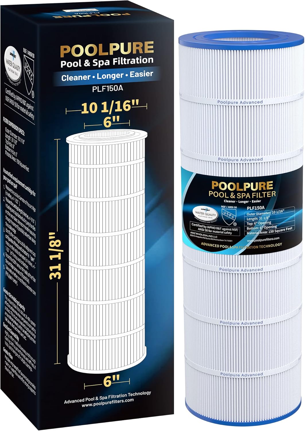 POOLPURE PLF150A Pool Filter Replaces Pentair CC150, CCRP150, PAP150, Ultral-C4, PP-C4, PP-C4-M, Unicel C-9415, R173216, 59054300, Filbur FC-0687, 160317, 160355, 160352, L x OD: 31 1/8