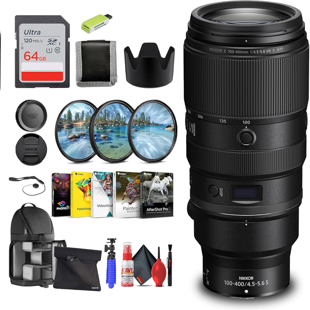 Nikon NIKKOR Z 100-400mm f/4.5-5.6 VR S Telephoto Zoom Lens for Z Mount Cameras (20106) + 64GB Memory Card + Filter Kit + Card Reader + Photo Software + Flex Tripod + Backpack + More (Renewed)