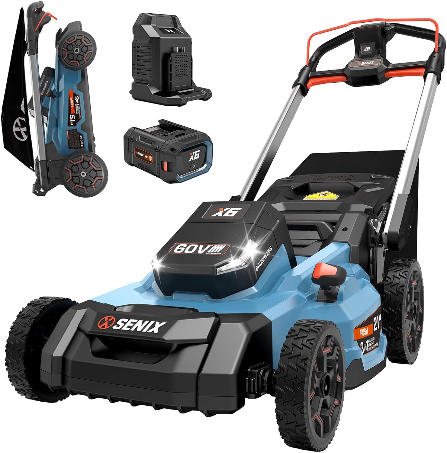 SENIX X6 60 Volt Max* 21-Inch 3-in-1 Cordless Push Lawn Mower, with Bagging, Mulching, and Side Discharge, Height Adjustment, Smart Display, 6Ah Lithium-ion Battery & Charger Included (LPPX6-H)