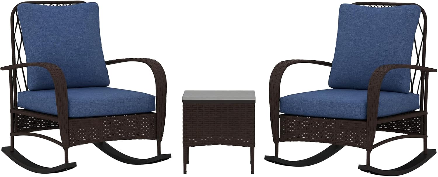 Outsunny 3 Piece Wicker Patio Furniture Set, PE Rattan Rocking Chairs with Coffee Table, Cushions, Outdoor Bistro Set for Porch, Garden, Poolside, Brown