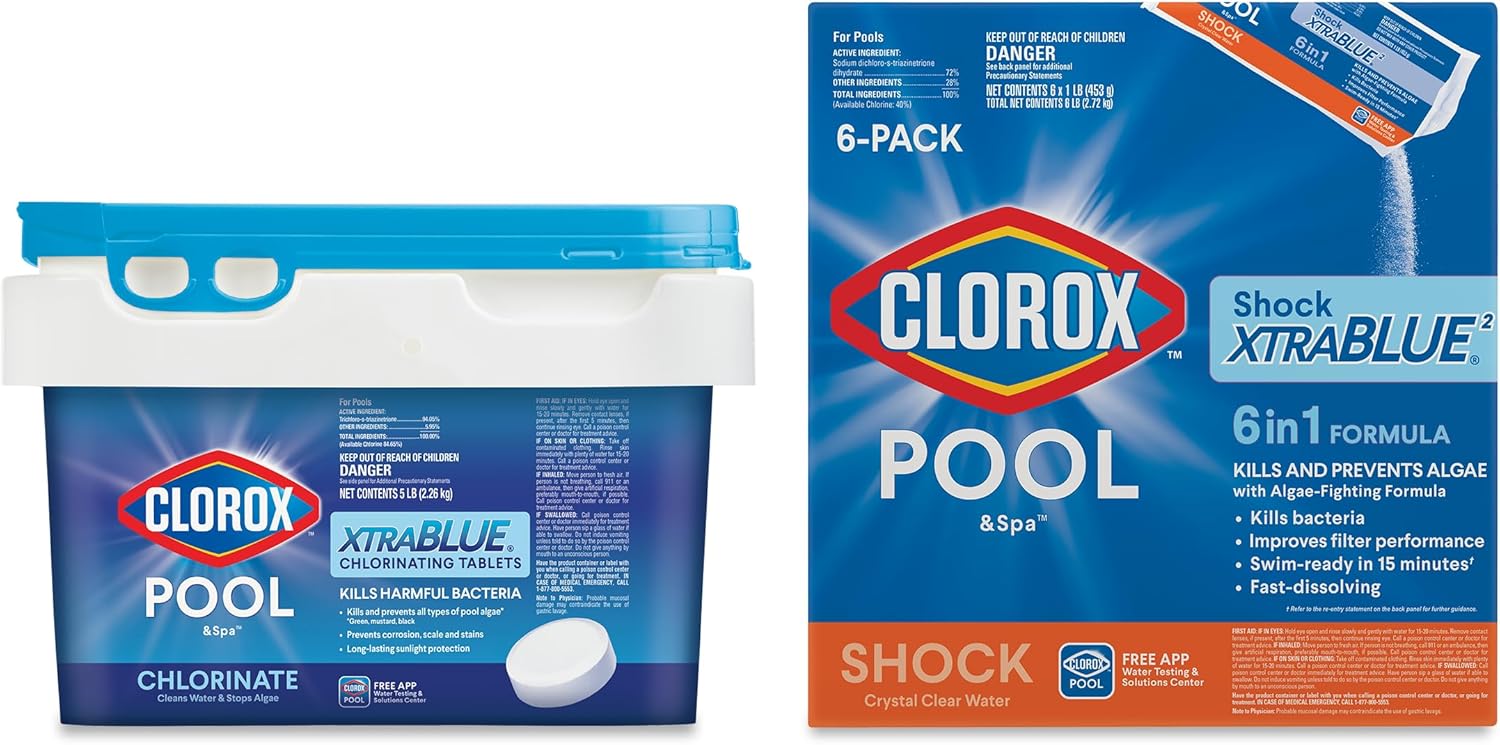 Clorox Pool&Spa XtraBlue 3” Swimming Pool Chlorinating Tablets and XTRABLUE 2 Shock Bundle (1x5 LB Tablets + 1x6 Pack Shock)