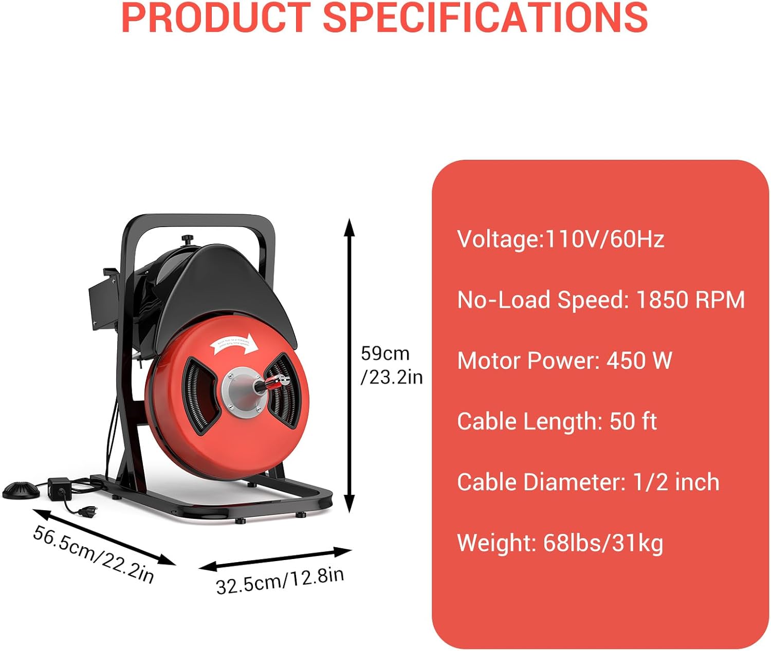 50Ft Heavy-Duty Drain Cleaner Machine, 1/2