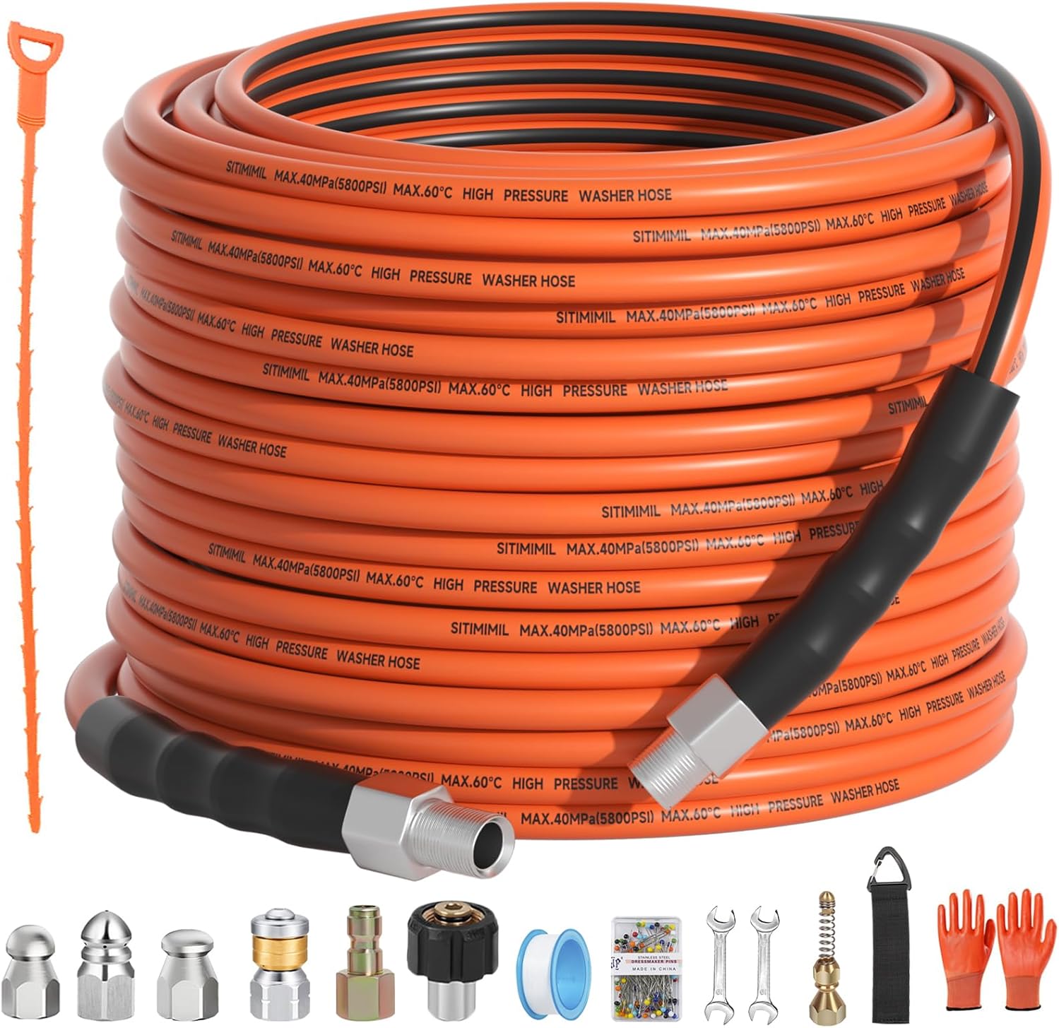 Sewer Jetter Kit for Pressure Washer 100FT,5800psi Drain Cleaner Hose 1/4 Inch Npt Corner, with 5 Sewer Jetting Nozzles Sealing Tape Pearl Corsage Pin Spanner Glove Drain Snake