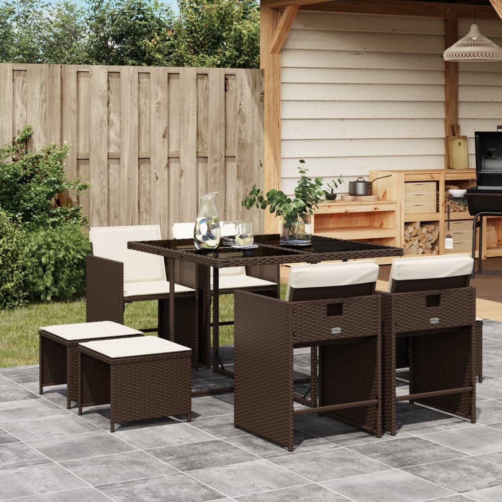 Patio Set 9 Piece Patio Dining Set with Cushions Brown Poly Rattan