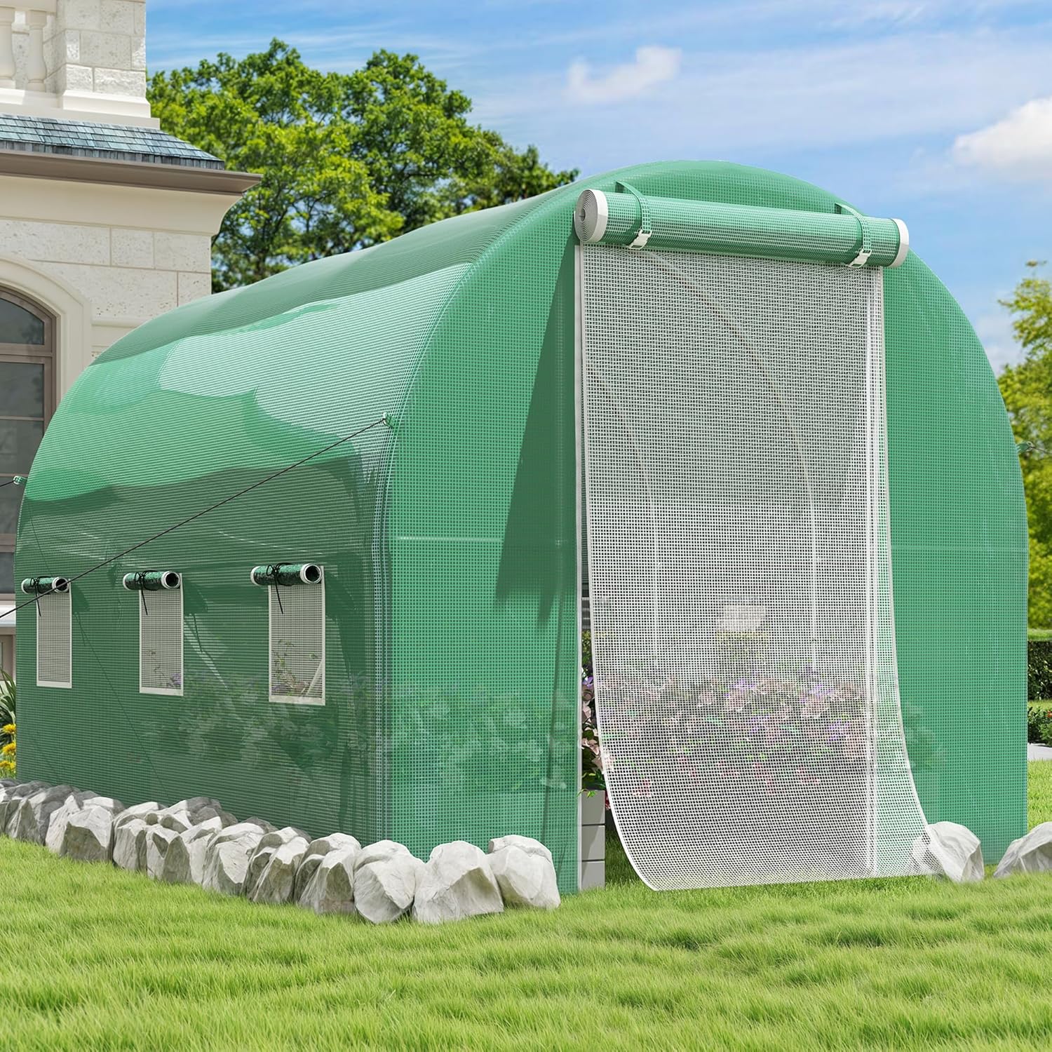 DWVO 10x6.5x6.5ft Greenhouse Large Walk-in Green House Tunnel Greenhouses Outdoor Portable Plant Gardening Upgraded Galvanized Steel Frame Zipper Doors 5 Crossbars Garden, Green