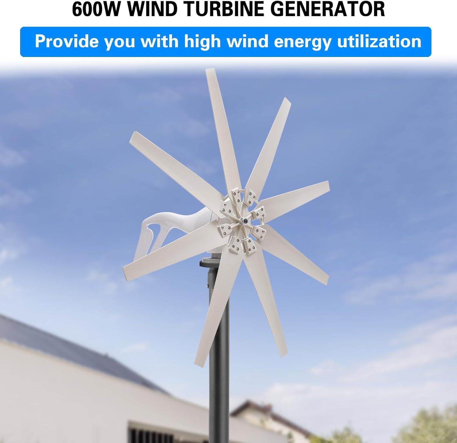 Wind Turbine Generator Kit 600W 12V with 8 Blade, Wind Generator Kit with Charge Controller, Wind Power Generator for Marine, RV, Home, Terrace