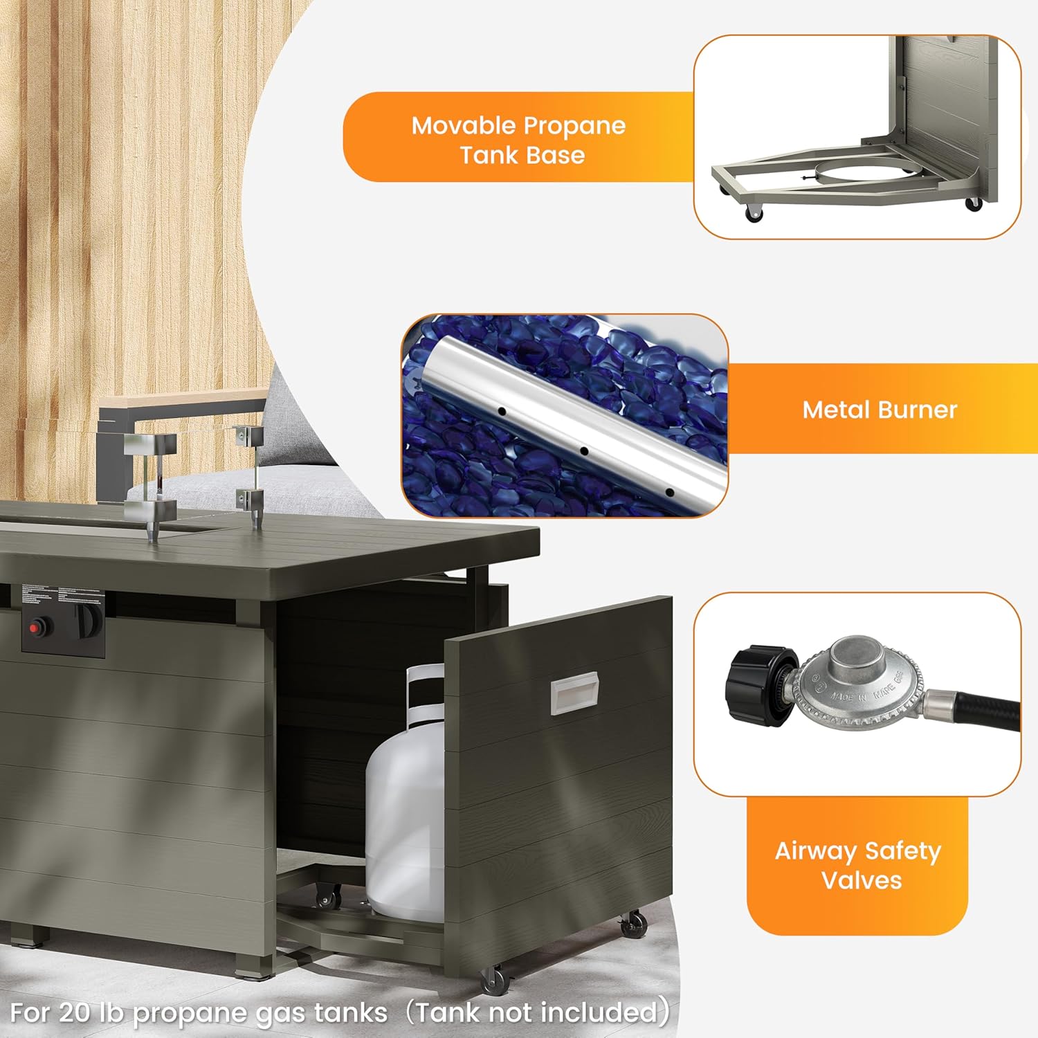 Sundale Outdoor 51 Inch Outdoor Fire Pit Table, 50,000BTU Rectangle Propane Fire Pit with Sliding Tank Holder, Glass Wind Guard, Dust Cover, Removable Lid, CSA Certified, Olive Green