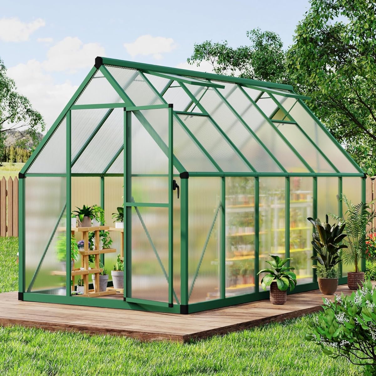 6 x 11 FT Walk-in Outdoor Polycarbonate Greenhouse with Aluminum Frame, Large Garden Greenhouse with Adjustable Roof Vent, Lockable Push Door & Stable Base System for Backyard Planting, Green