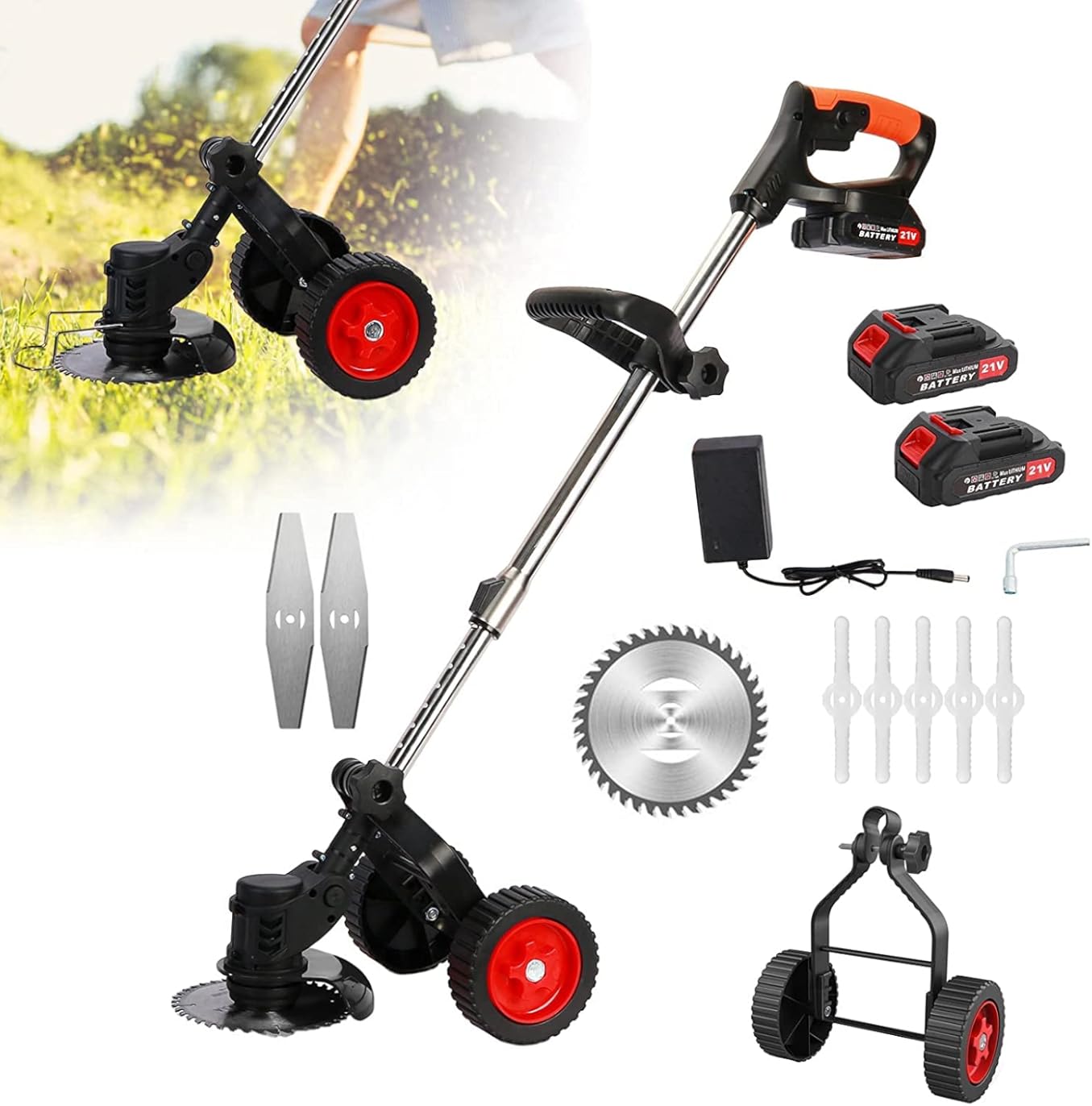 21V 2000mAh Electric Rotary Lawnmower, Electric Wheeled Lawn Mower with Whells, 3 in 1 Cordless Grass Trimmer, Electric Hover Lawn Mower, Electric Grass Trimmer and Edger