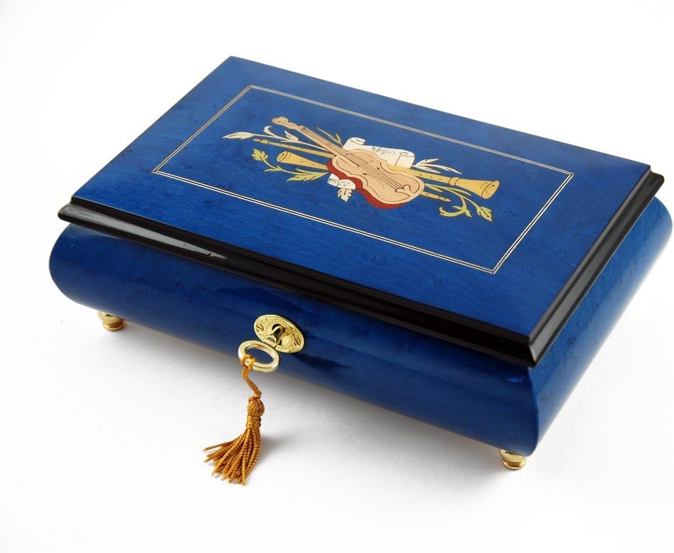 Impressive Royal Blue Instrument and Floral Wood Inlay Musical Jewelry Box - Many Songs to Choose - Deck The Halls