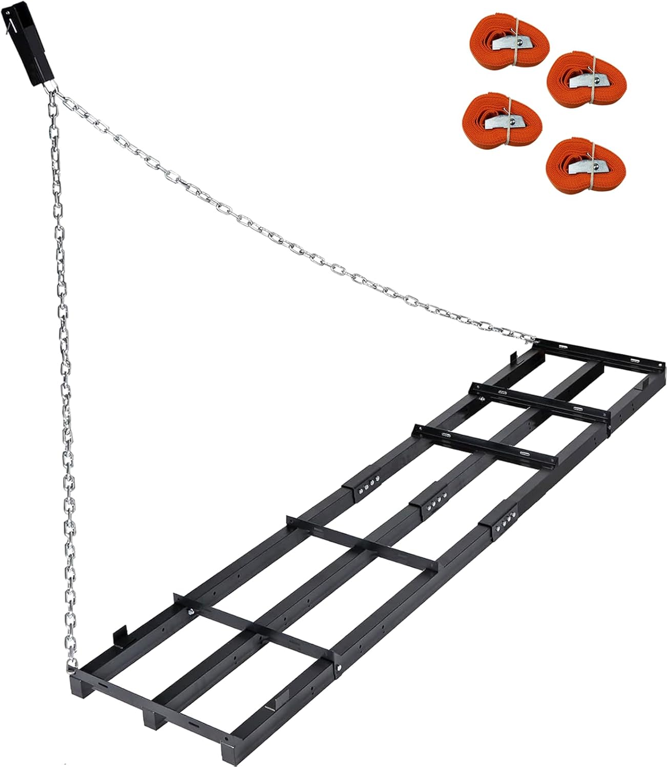 8 Ft Drag Harrow Driveway Grader, Heavy Duty Tow Behind Lawn Rake with 5 Ft Chain, 4 Safety Belts, 2 Adjustable Bars, Driveway Drag for Gravel, Sand, Lawn, Soil, Hay, ATV, UTV, Tractor, Mower, Black