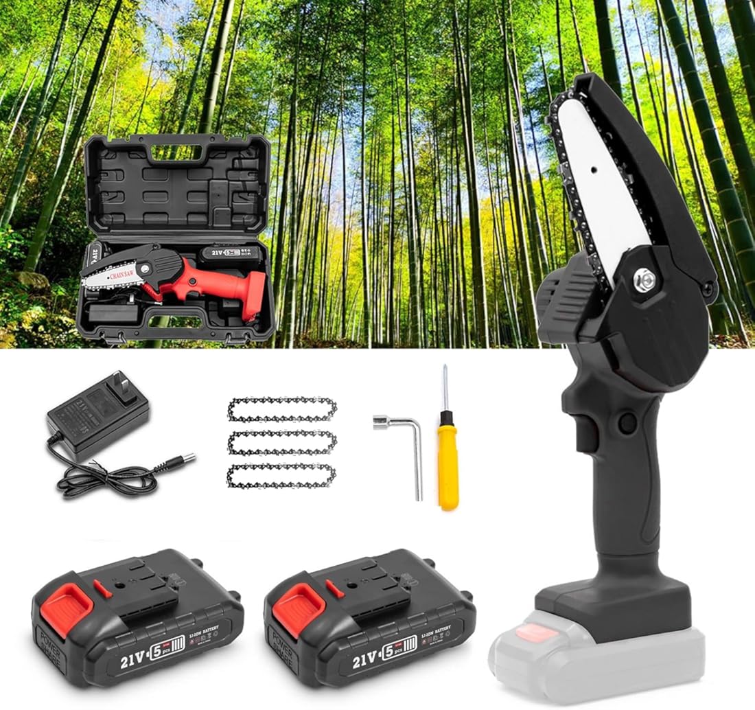 Mini Chainsaw Cordless 4-Inch with 21V Strong Power 2 Batteries and Charger, Portable Handheld Battery Chainsaw, Small One-Handed for Gardening Pruning, Tree Trimming (Color : Black)