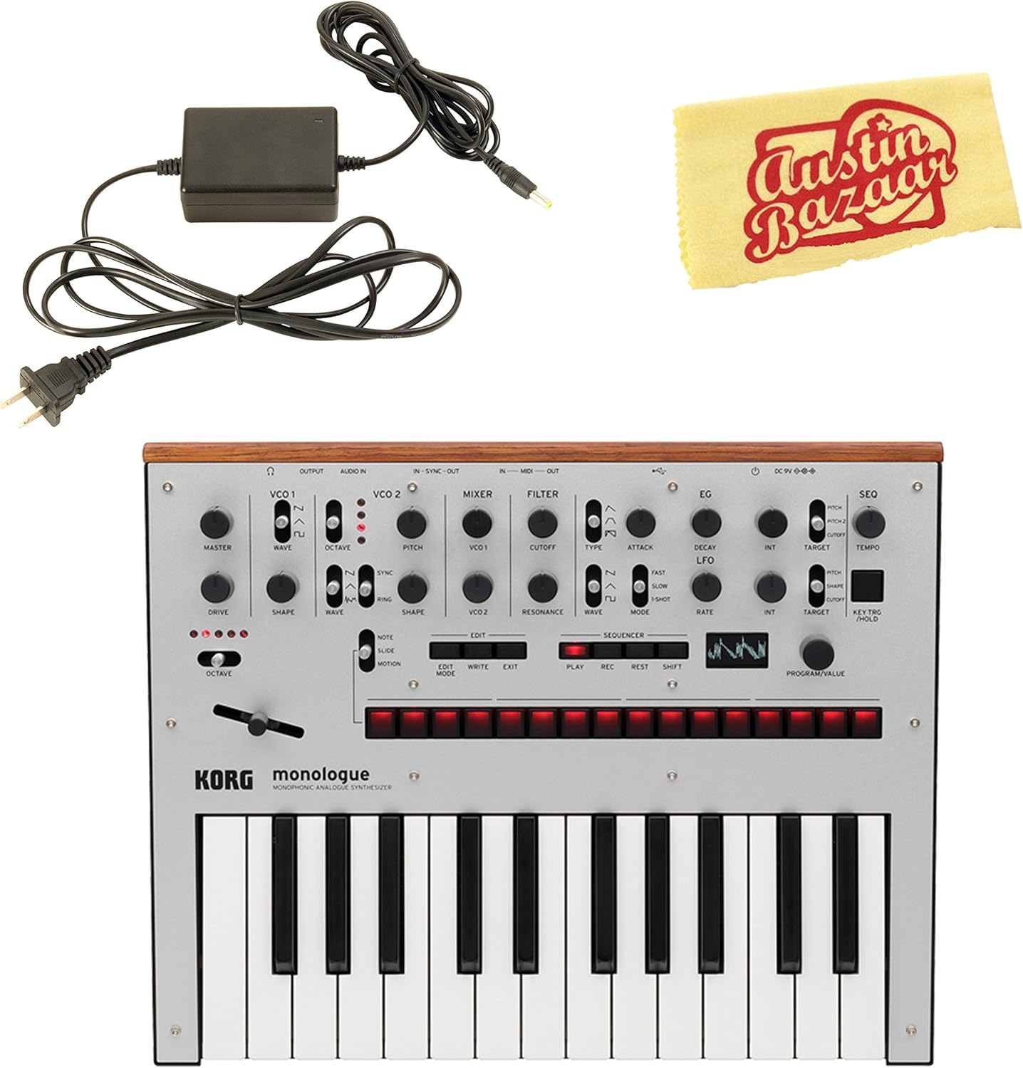 Korg Monologue Monophonic Analog Synthesizer - Silver Bundle with Power Supply and Austin Bazaar Polishing Cloth