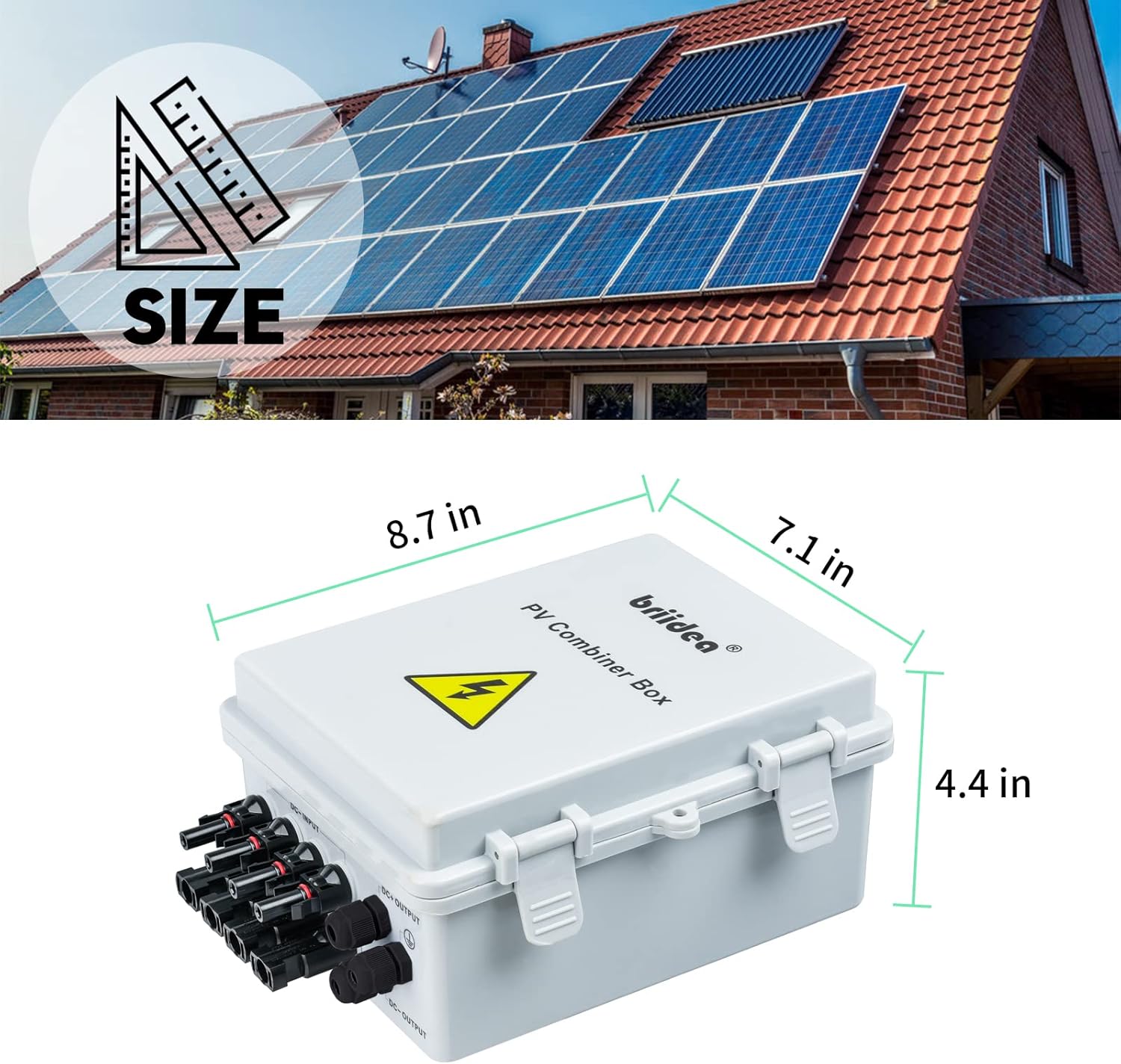 Solar Combiner Box, Briidea 4-String PV Combiner Box with 10A Circuit Breakers & Lightning Arrester, IP65 Waterproof, for On-Grid & Off-Grid Solar Panel Systems