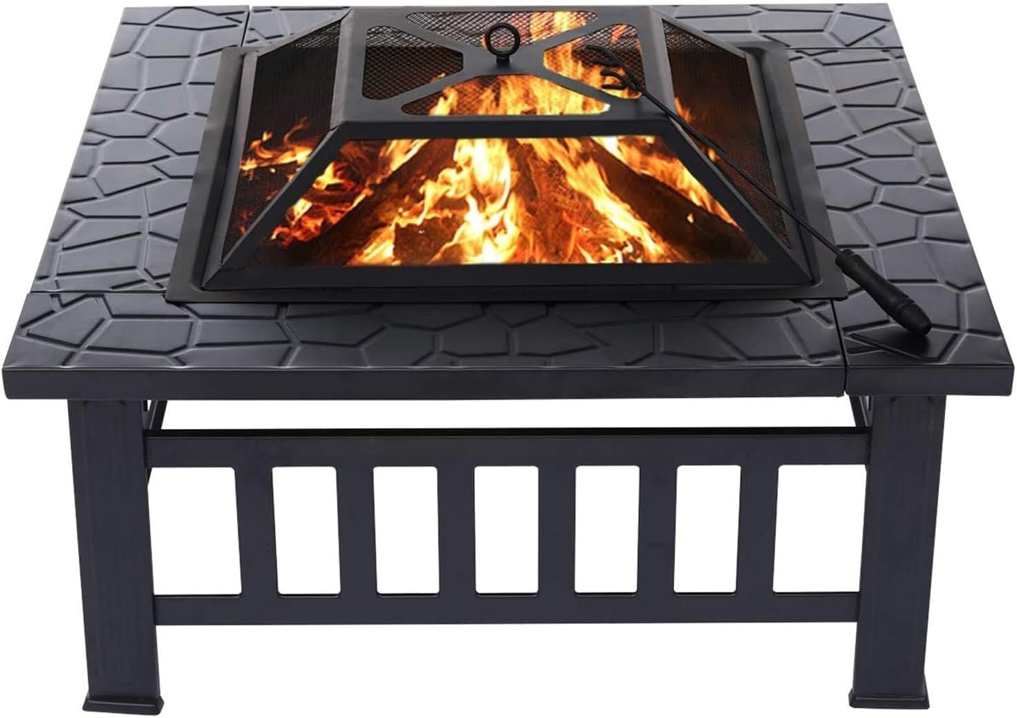 32 Inch Square Fire Pit Wood Burning Outdoor Firepit with Spark Screen Cover, Poker and Log Grate for Patio Backyard Camping Bonfire and BBQ