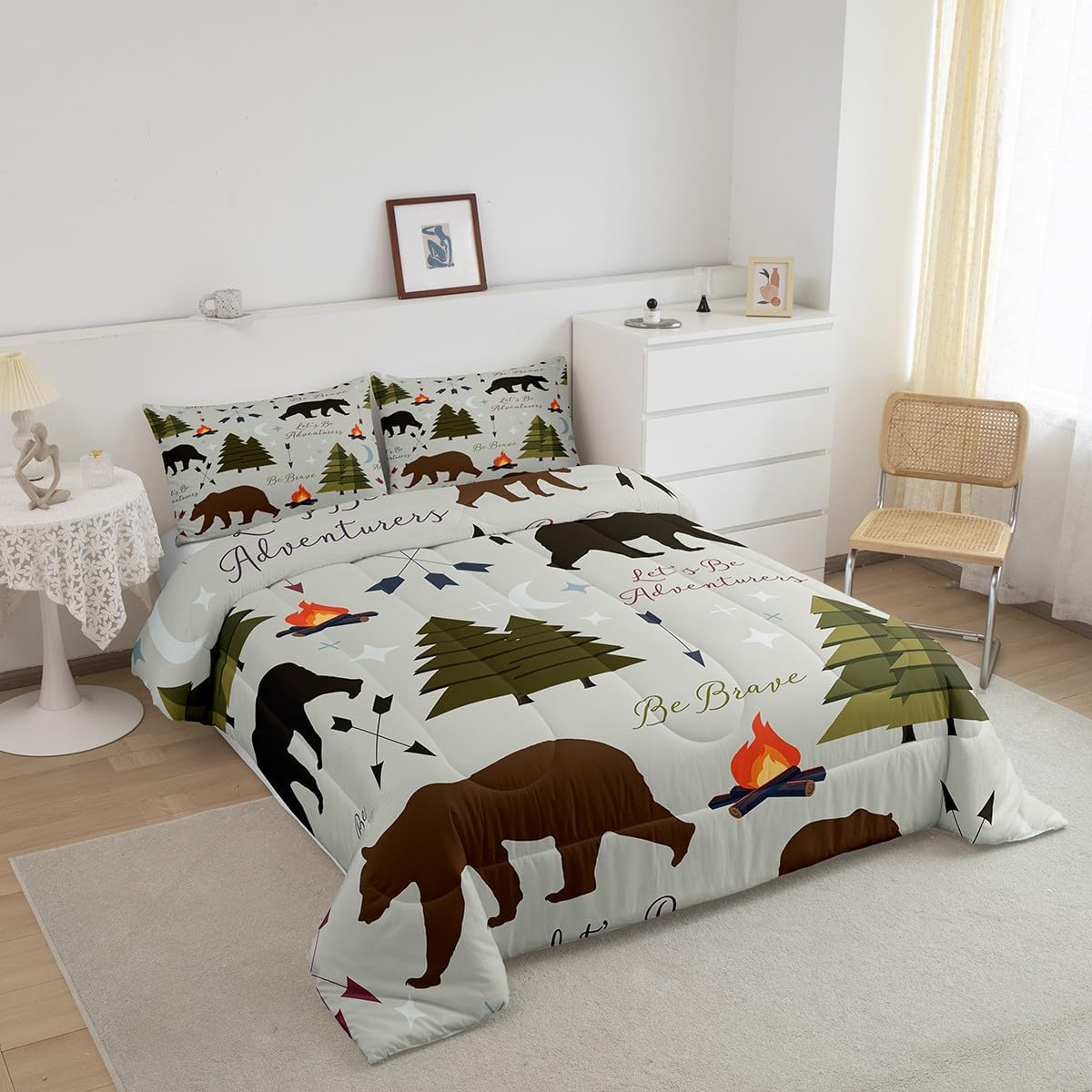 Happy Camping Comforter Set King Size Hunt Bear Pine Trees Bedding Set for Kids Boys Men Adults Cabin Room Decor Campfire Arrow Cartoon Quilt Set Wild Outdoor Adventure Duvet Insert 3pcs