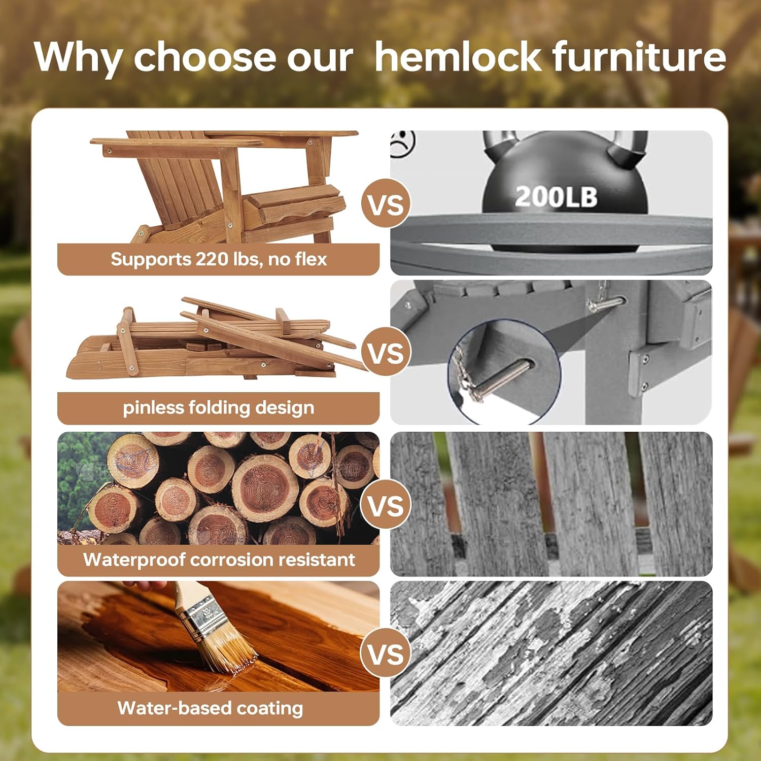 Folding Adirondack Chair Set of 2, Solid Wood All-Weather Fire Pit Chairs with Pre-Assembled Backrest & Seat Board for Deck Backyard Patio Outdoor, Light Brown