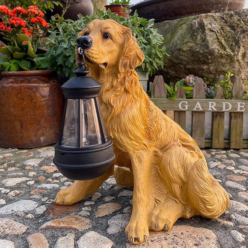 Golden Retriever Outdoor Statue with Solar Lights, Home Garden Decoration Windproof Lamp, Realistic Dog Figurine Decor, Dog Garden Statues with Solar Lantern
