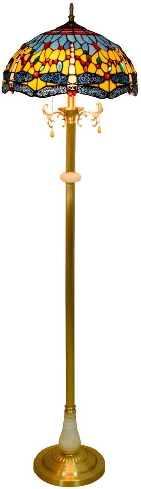 16-Inch Tiffany-Style European High-Grade Yellow Dragonfly Glass Floor Lamp Pure Copper Vertical Readlamp for Study Bedroom Room Decoration