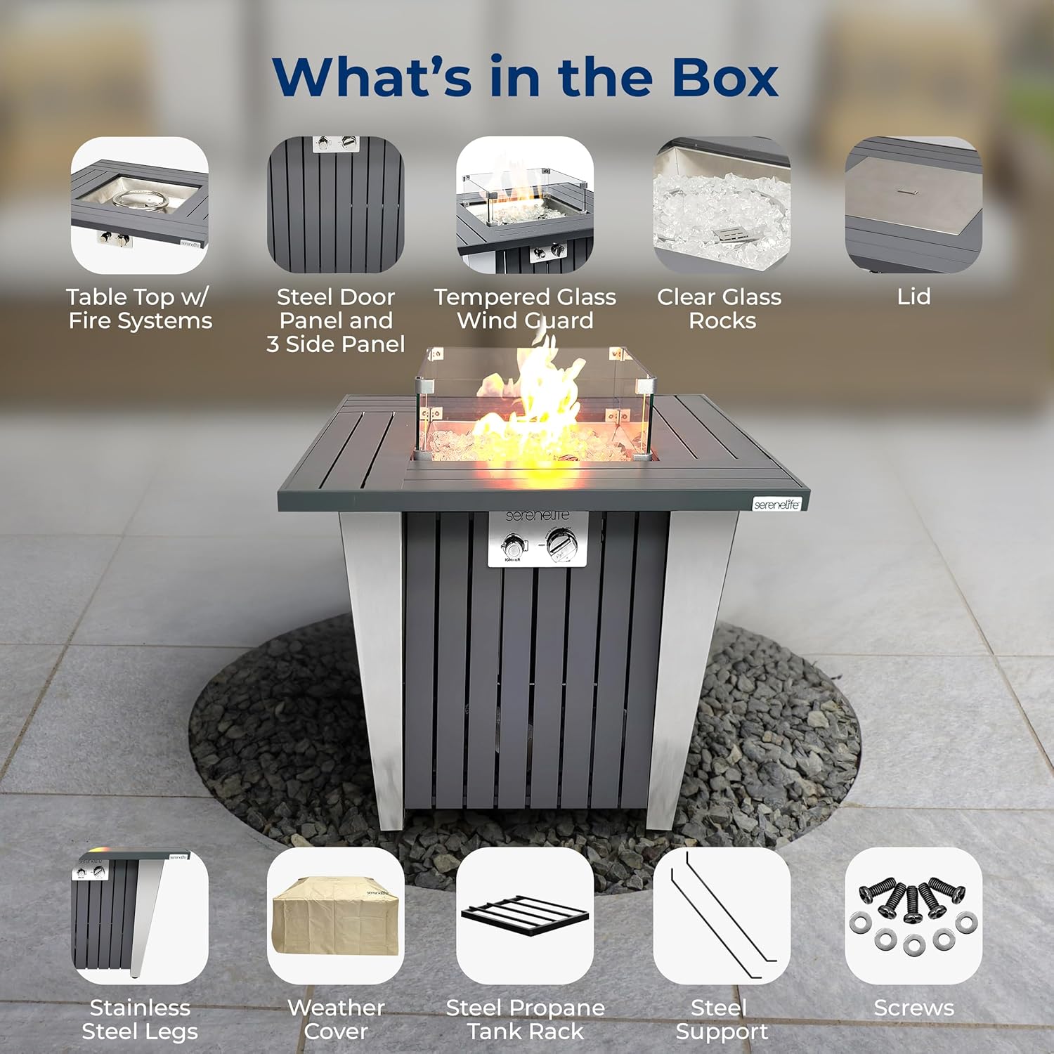SereneLife Outdoor Propane Fire Pit Table, 50,000 BTU Square Fire Table with Stainless Steel Lid, Durable Legs, Adjustable Flame, Weather Cover, Perfect for Patio & Garden, 31.5” x 31.5” x 24.8”