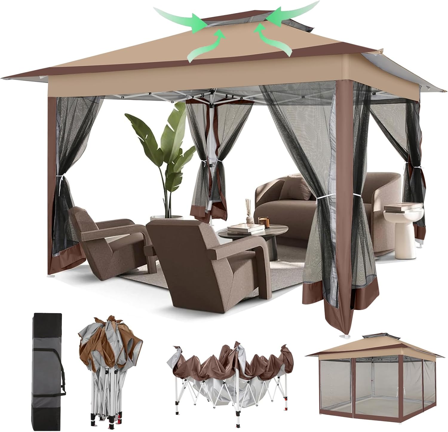 COBIZI 12x12 Pop Up Gazebo On Clearance Canopy Tent- Upgrade Metal Outdoor Canopy Waterproof - Portable Gazebo with Mosquito Nettings, 4 Ropes 8 Stakes and Carry Bag for Patio Garden(Coffee)