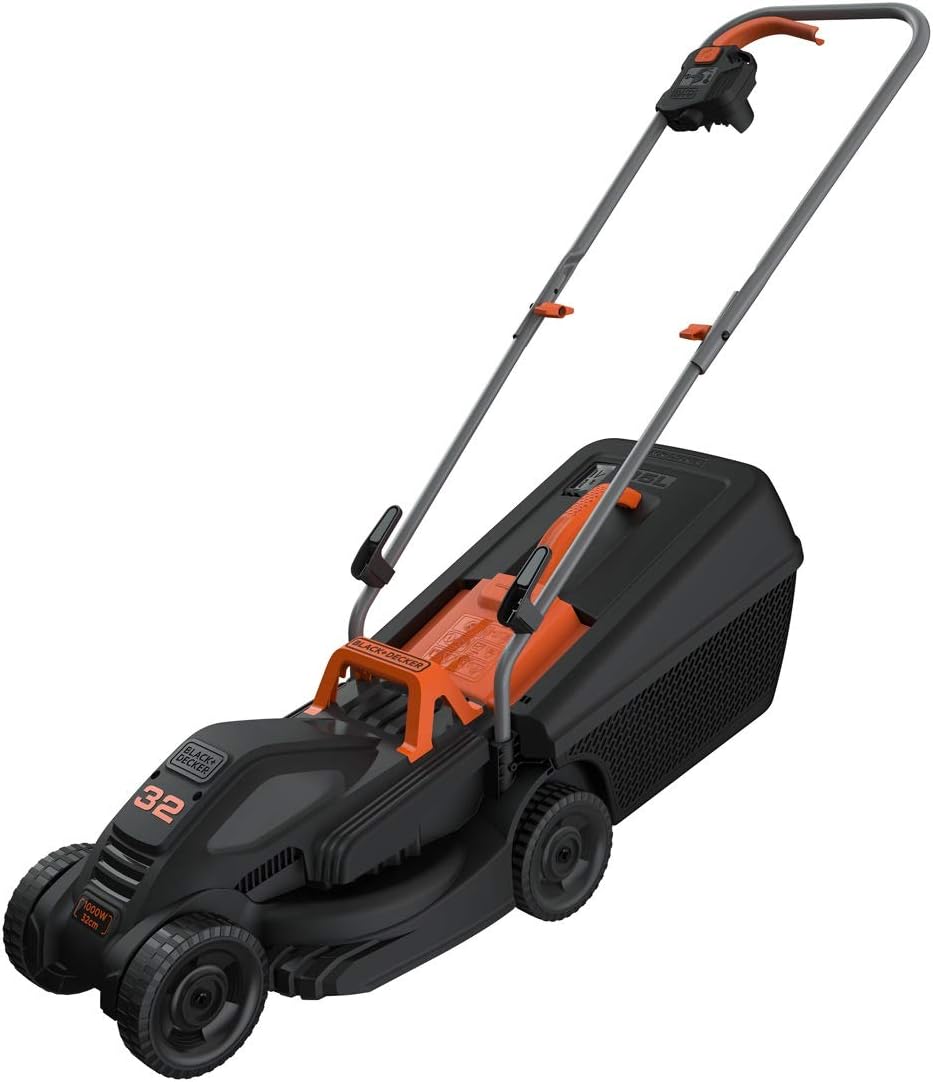 Black+Decker BEMW351 Elektro-Rasenmäher (1.000 W, 32cm Schnittbreite, 3-fach axial Schnitthöhenverstellung, 35l Grasfangbehälter, Ideal für Kleine Gärten), 1000 W, 32 cm