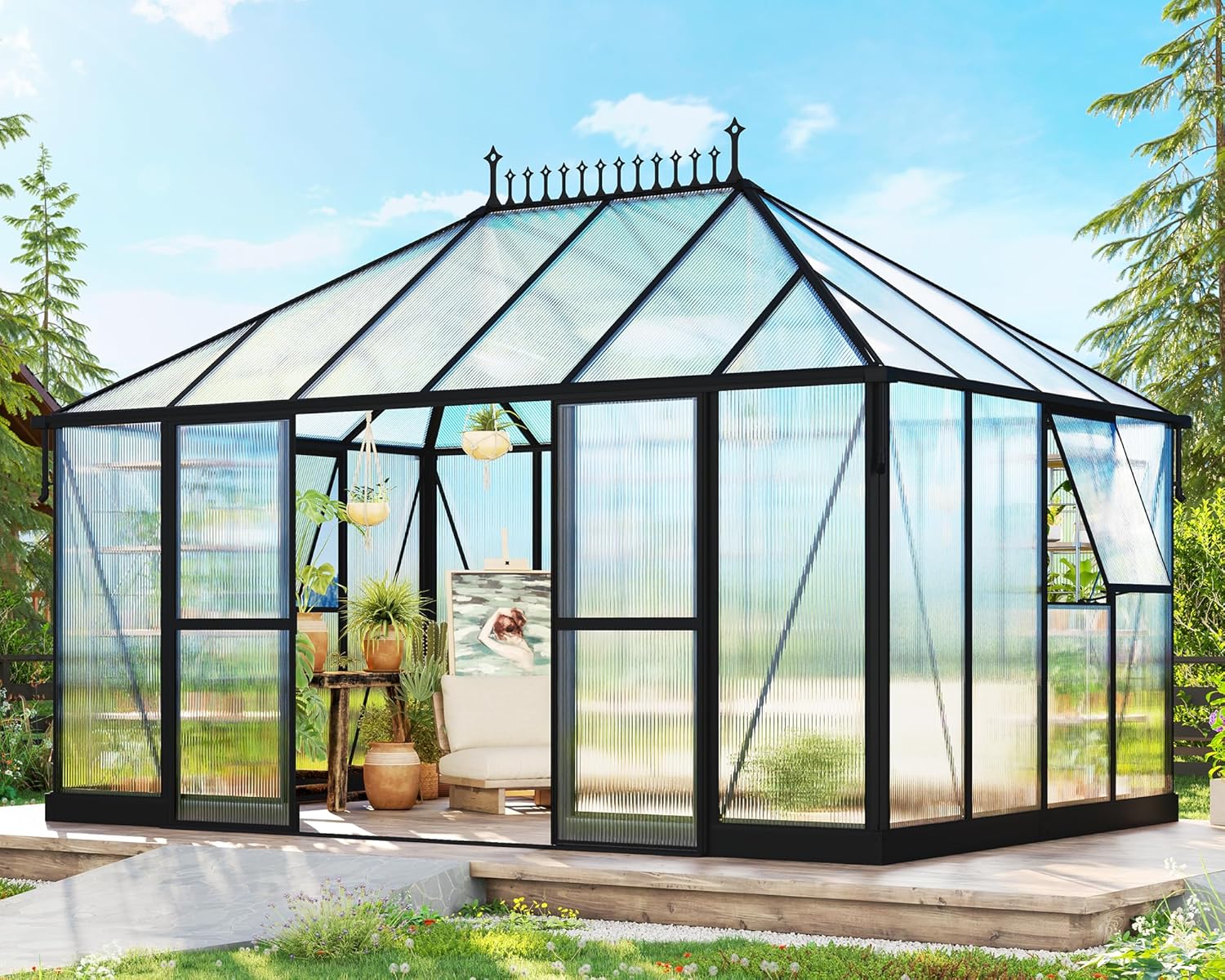 14×9.7×10 FT Outdoor Polycarbonate Greenhouse with 6 ft Double Swing Door & 2 Vents, Heavy Duty Green House with Aluminum Frame for Outside Patio Backyard Garden