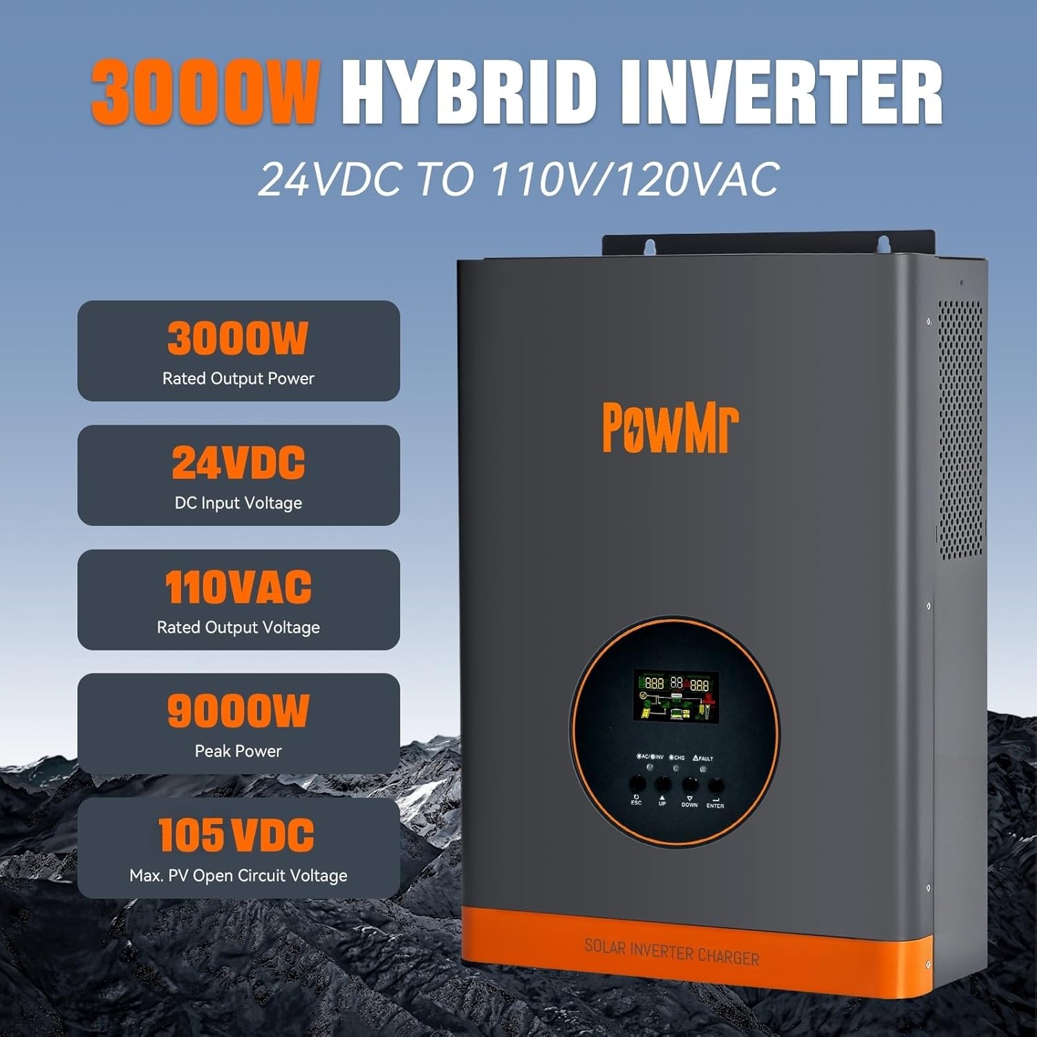 PowMr 3000W Hybrid Solar Inverter,24VDC to 110VAC, Low Frequency Inverter w/Built-in 60A MPPT Charge Controller, Pure Sine Wave for 24V Lead-Acid and Lithium Battery, Peak Power:9000W