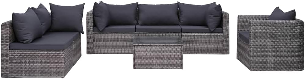 7 Piece Patio Sofa Set with Cushions & Pillows Poly Rattan Gray Garden Furniture