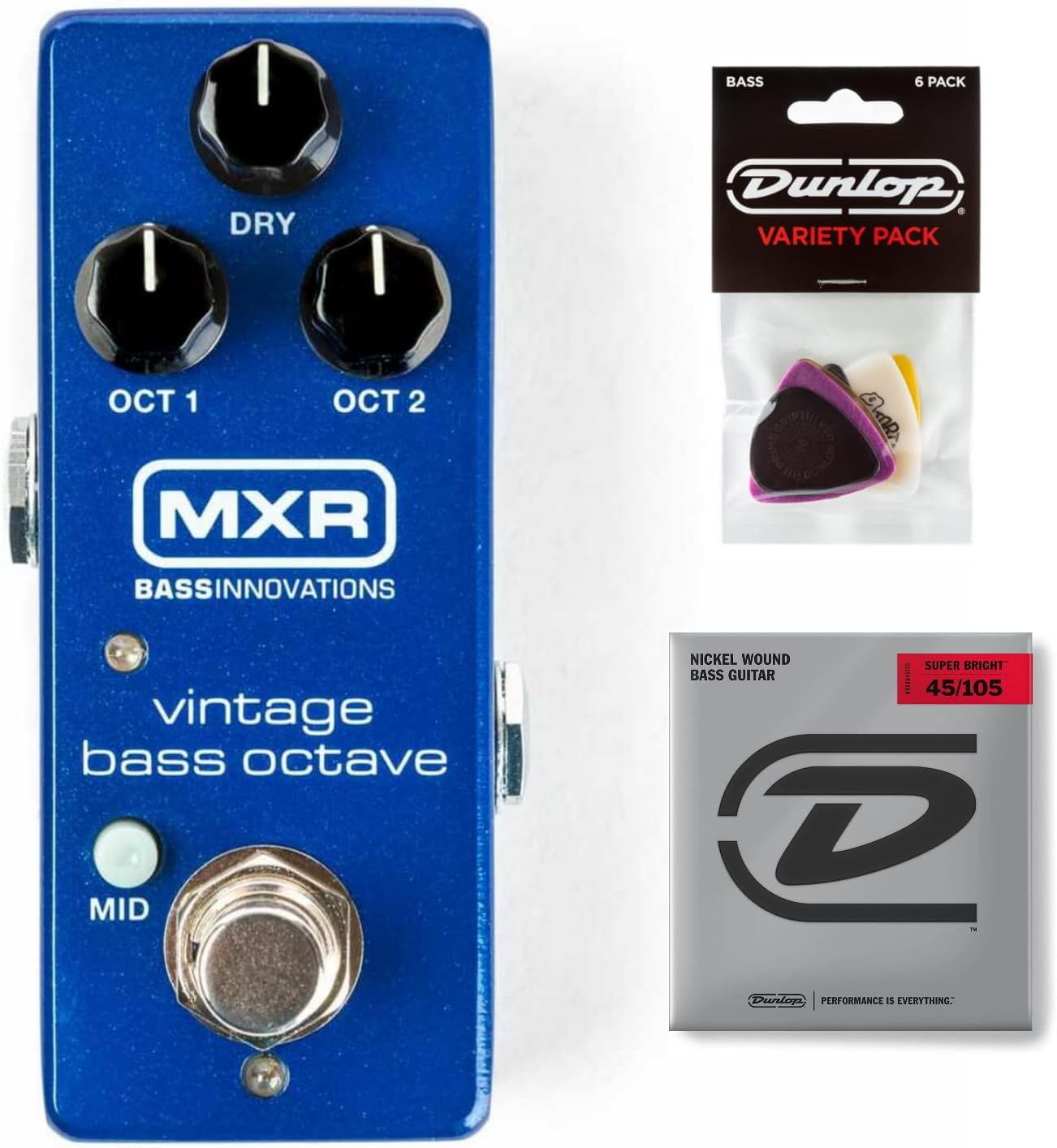 Briskdrop MXR M280 Vintage Bass Octave Effects Pedal Bundle with Dunlop Pick Pack and Super Bright Bass Strings, M280-PVP117-DBSBN