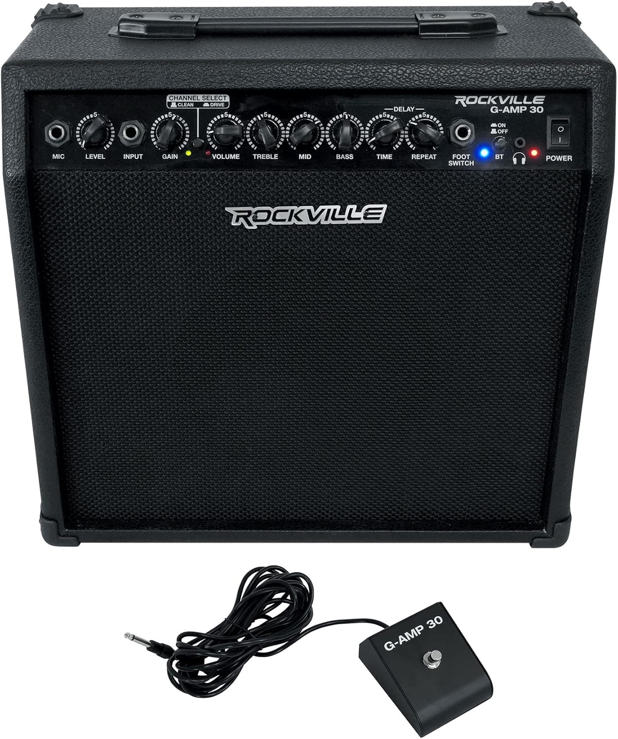 Rockville G-AMP 30 Watt Guitar Combo Amplifier, Bluetooth, Mic Input, Footswitch, Delay Effect, for Home Practice and Small Gigs