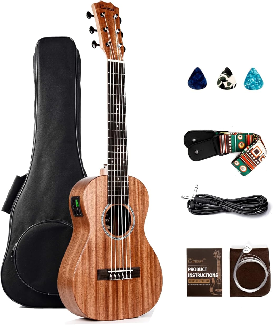 Caramel 30 inch All Solid Mahogany 6 String Ukulele Guitalele Wooden LCD color display Electric Guitalele Kit Small Hawaiian Beginner Guitar Starter Pack Bundle Gig bag, Strap,Strings Set