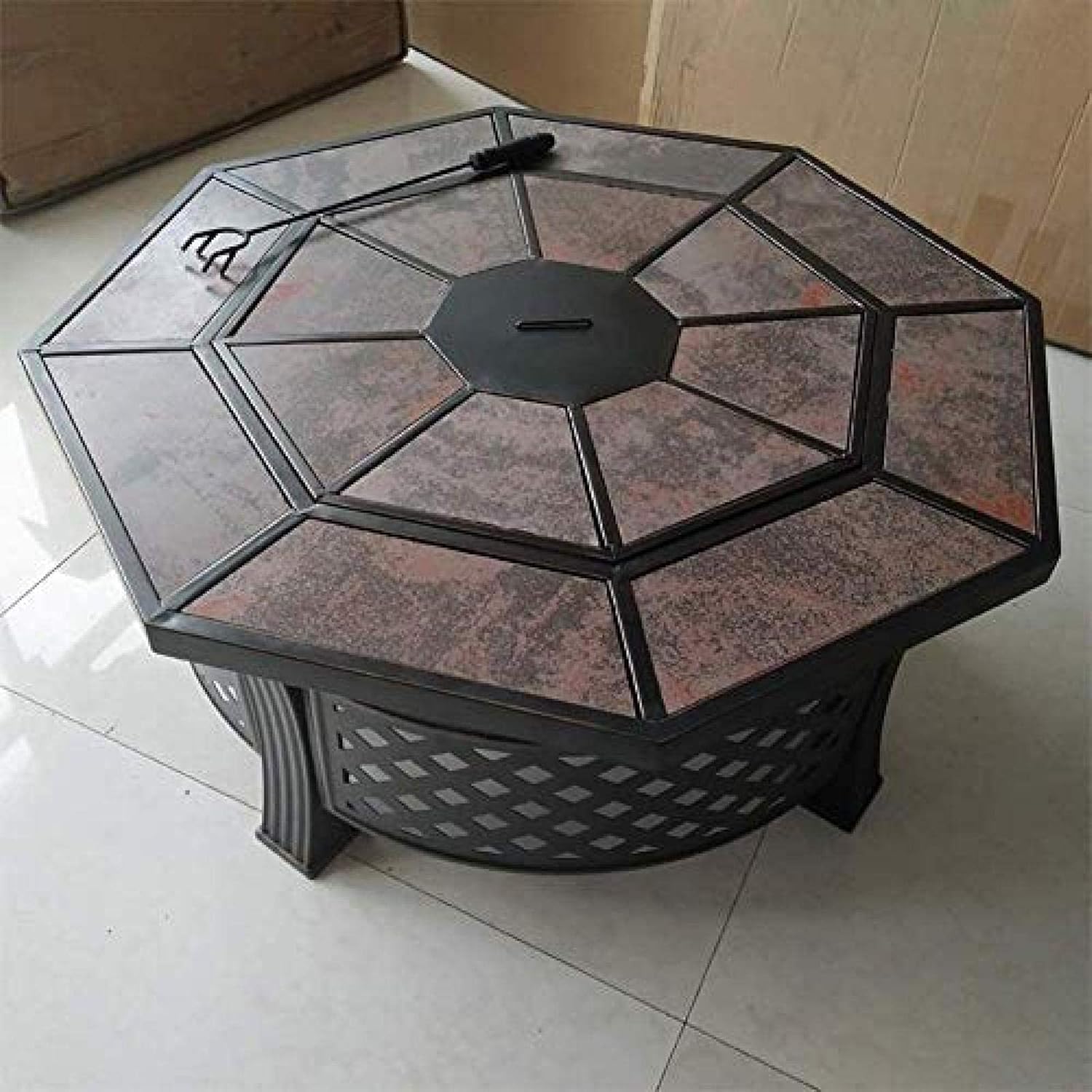 Fire Pit BBQ Grill Fire Bowl Octagonal Ceramic Barbecue Table Outdoor Charcoal Barbecue Stove Indoor Heating Brazier