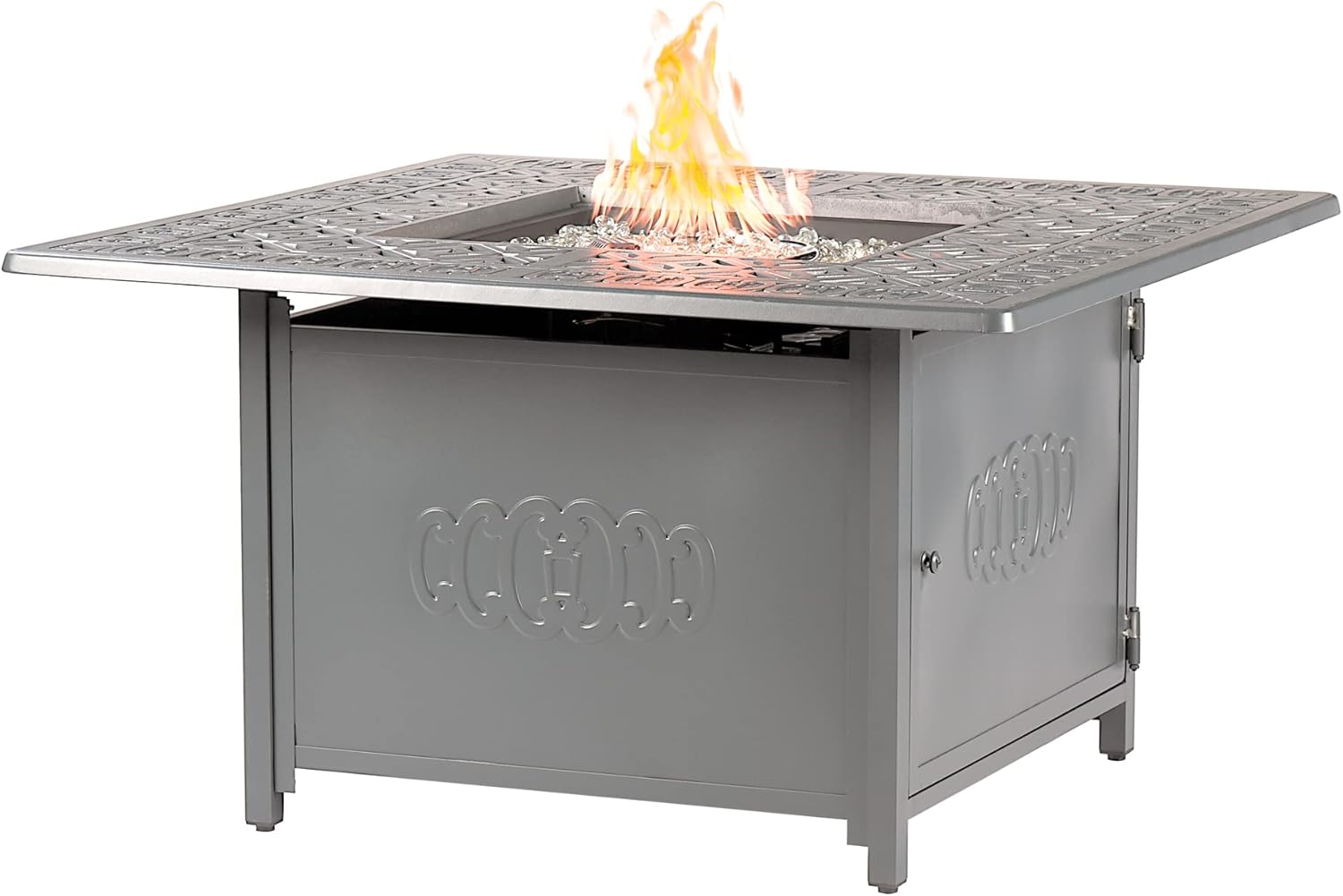 Square 42 in. x 42 in. Aluminum Propane Fire Pit Table with Glass Beads, Two Covers, Lid, 57,000 BTUs in White Finish