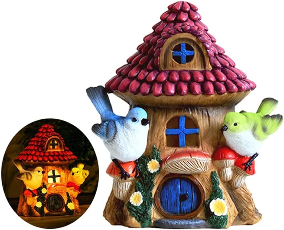 Garden Solar House Figurines Decoration,Garden Solar LED Statue,Garden Waterproof Resin Sculptures Illuminated Fairy Ornament