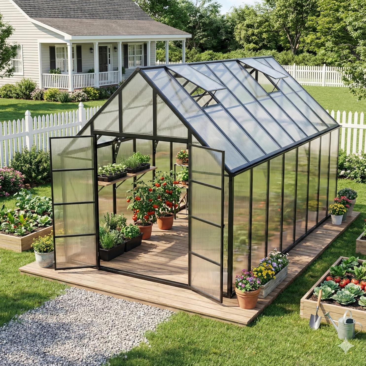 Restland 10x16 FT Polycarbonate Greenhouse for Outdoors Heavy Duty Large Greenhouse with 2 Windows Walk in Green Houses for Garden, Lawn