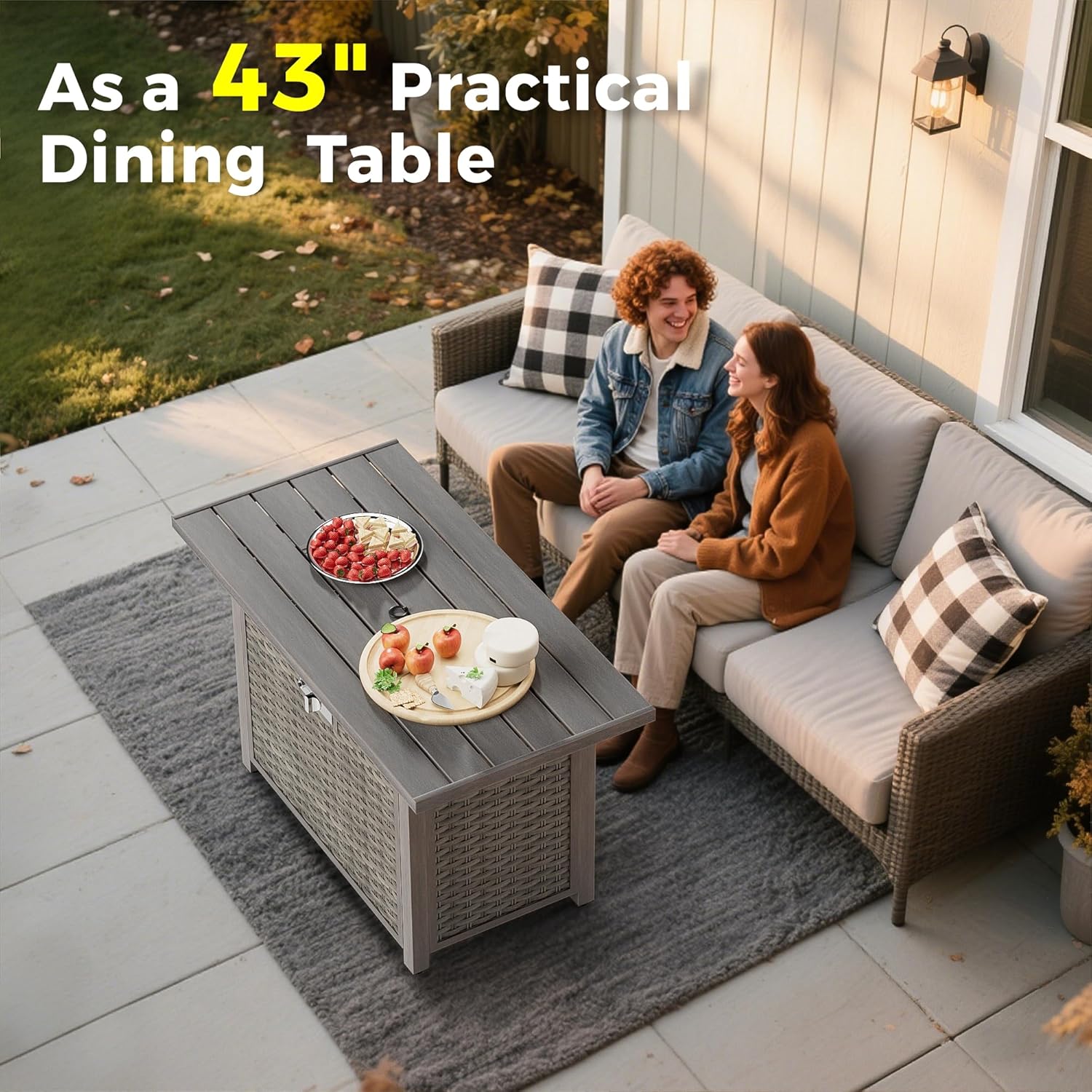 Outdoor Fire Pit Table with 50,000 BTU Output, 43 Inch Premium Gas Fire Pit Tables for Outside Patio, Balcony, Rectangle Propane Fire Pit with Glass Fire Stones (Brown)