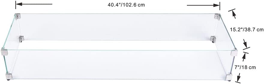 Elementi Plus Glass Wind Screen Outdoor Firepit Bowl Wind Guard Rectangular Clear Fire Pit Glass Guard Fireplace Screen Tempered Glass Wind Shield Firepit Accessories - 40.4 x 15.2 Inches